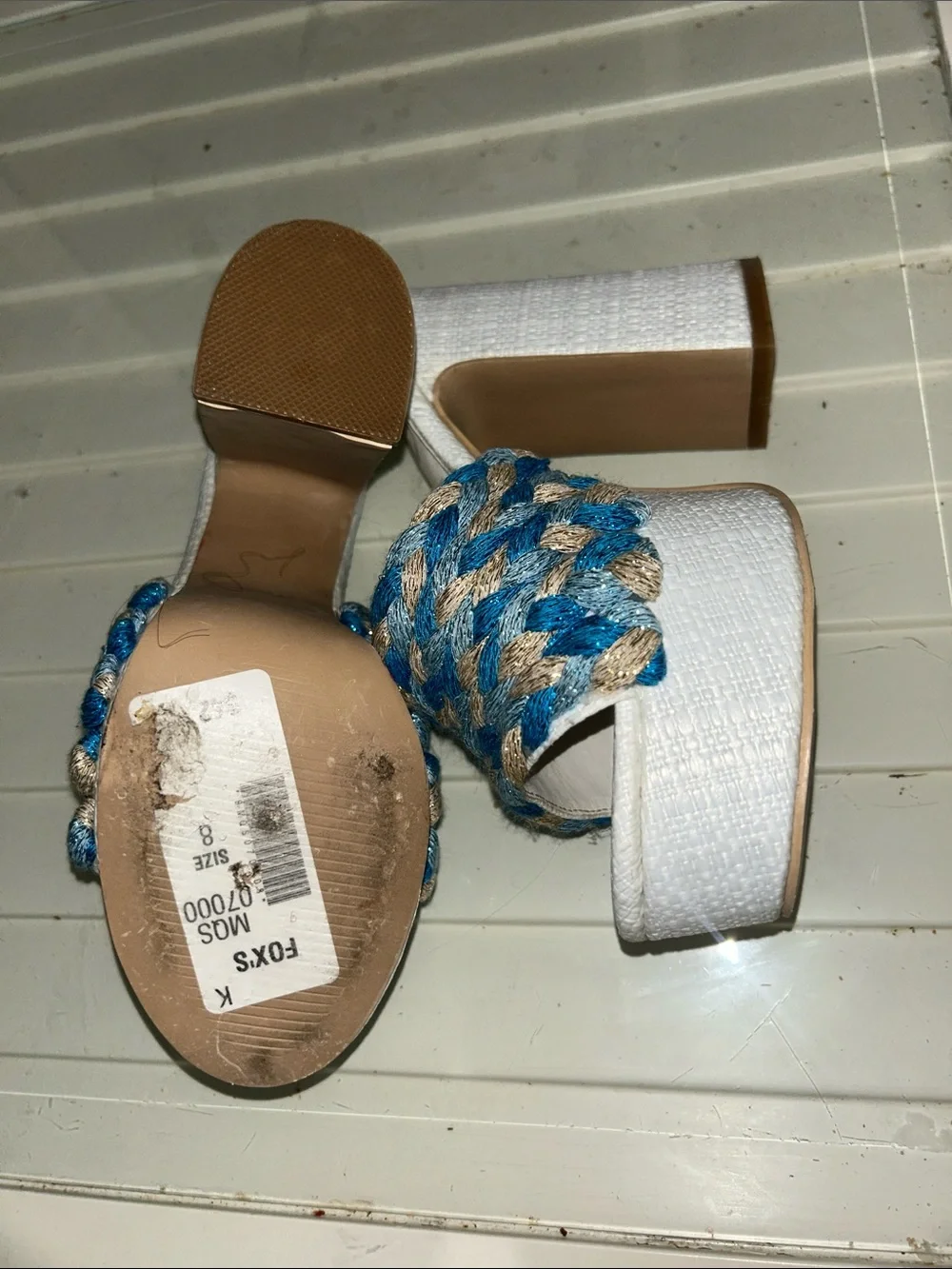 White Platform Heels with Braided Blue Accents